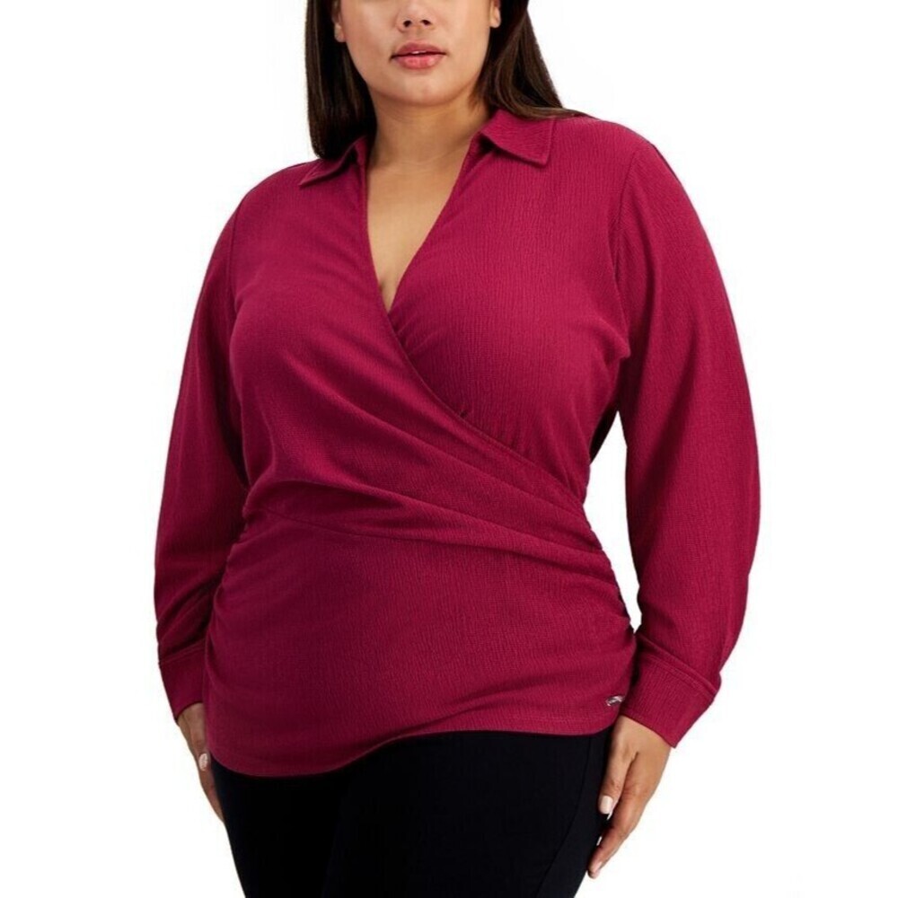 Calvin Klein Women's Plus Size Textured Faux-Wrap Top Holidays Blouse Size 0X